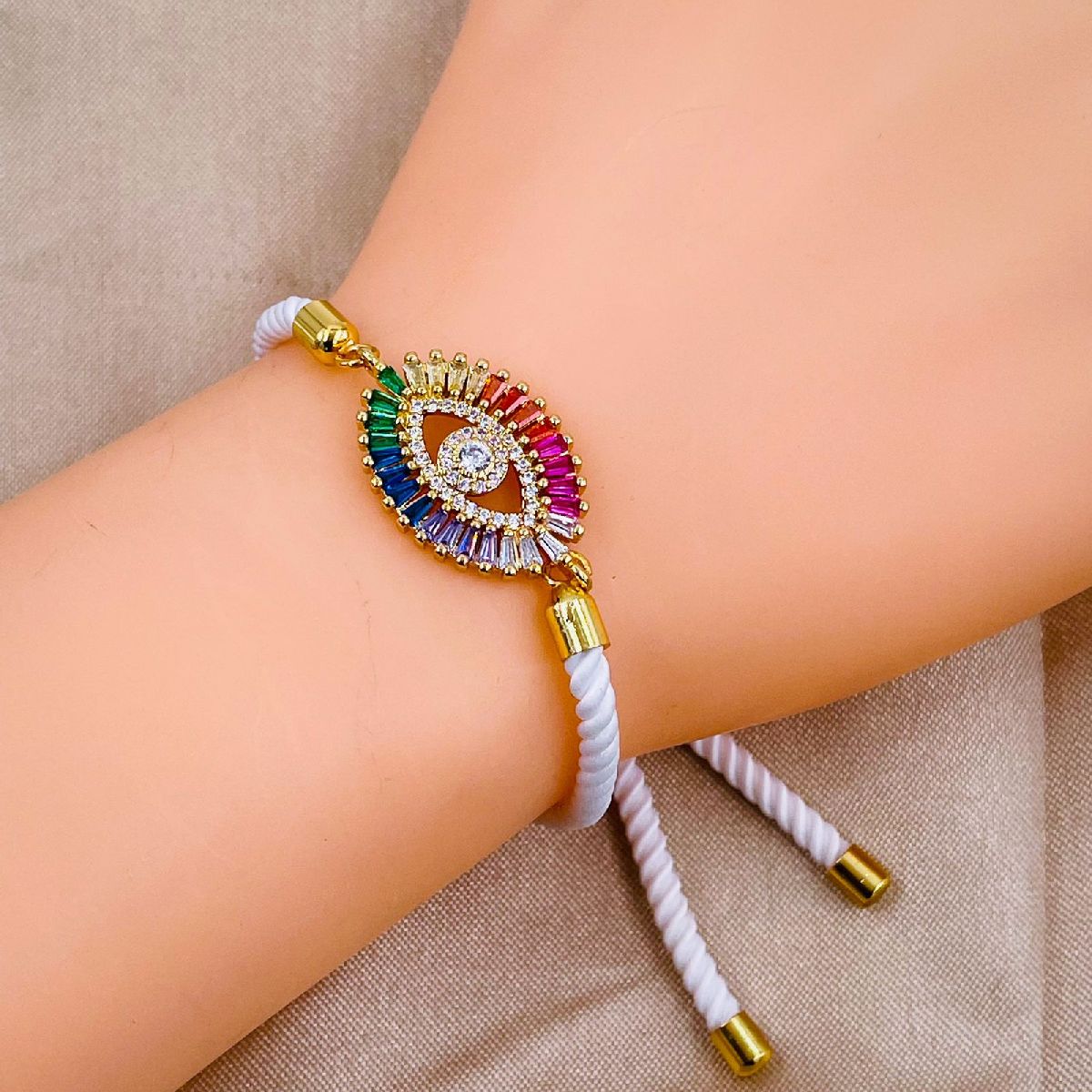 Rainbow Evil Eye Copper Gold White Cubic Zirconia Thread Bracelet Bulk