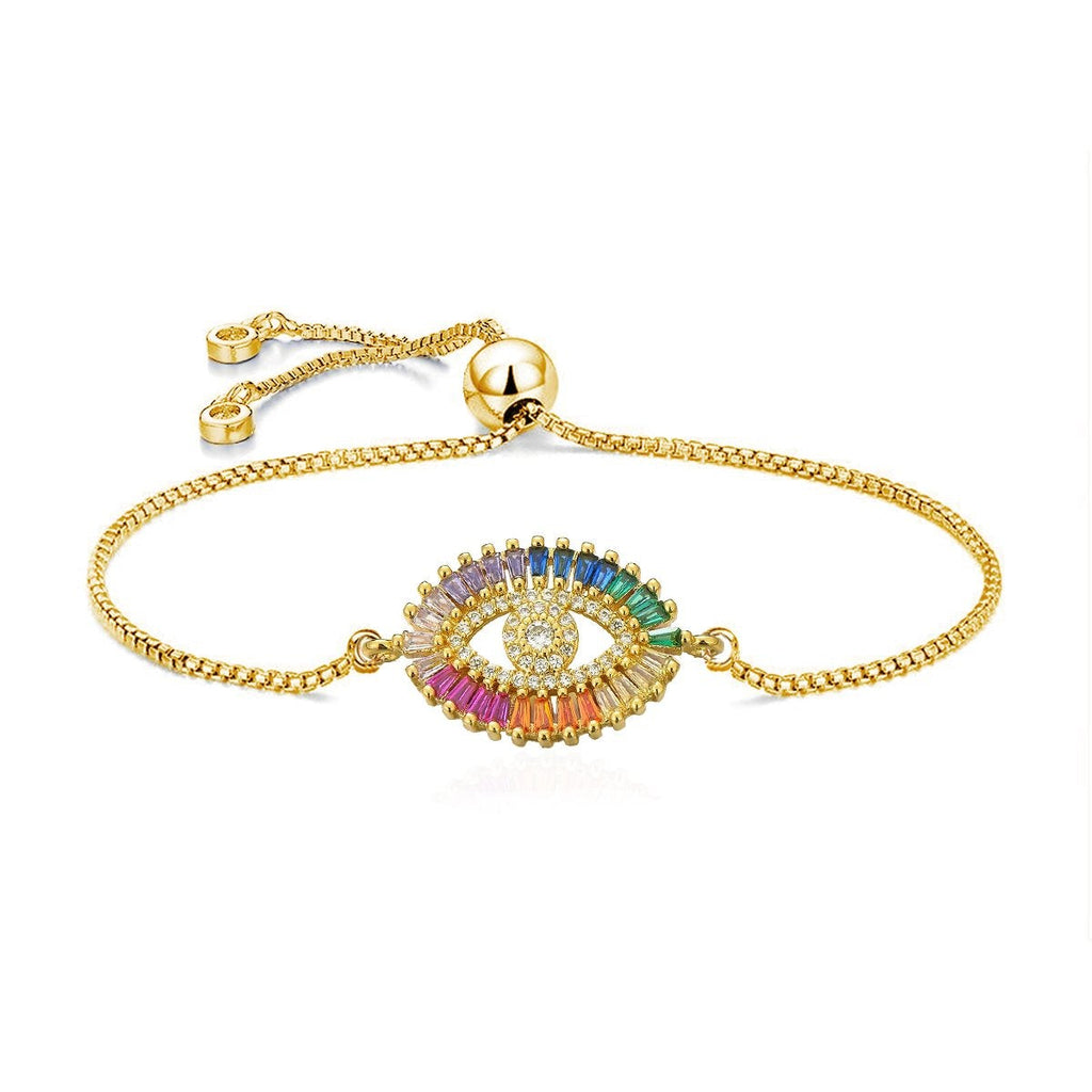 Rainbow Turkish Evil Eye Baguette Gold CZ Slider Bracelet Bulk