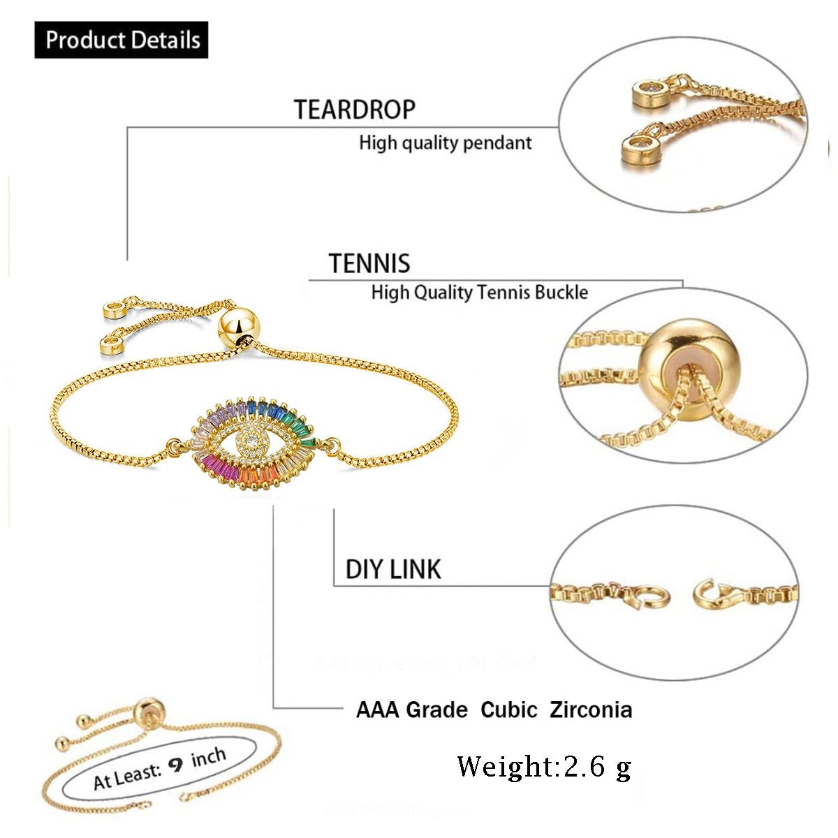 Rainbow Turkish Evil Eye Baguette Gold CZ Slider Bracelet Bulk