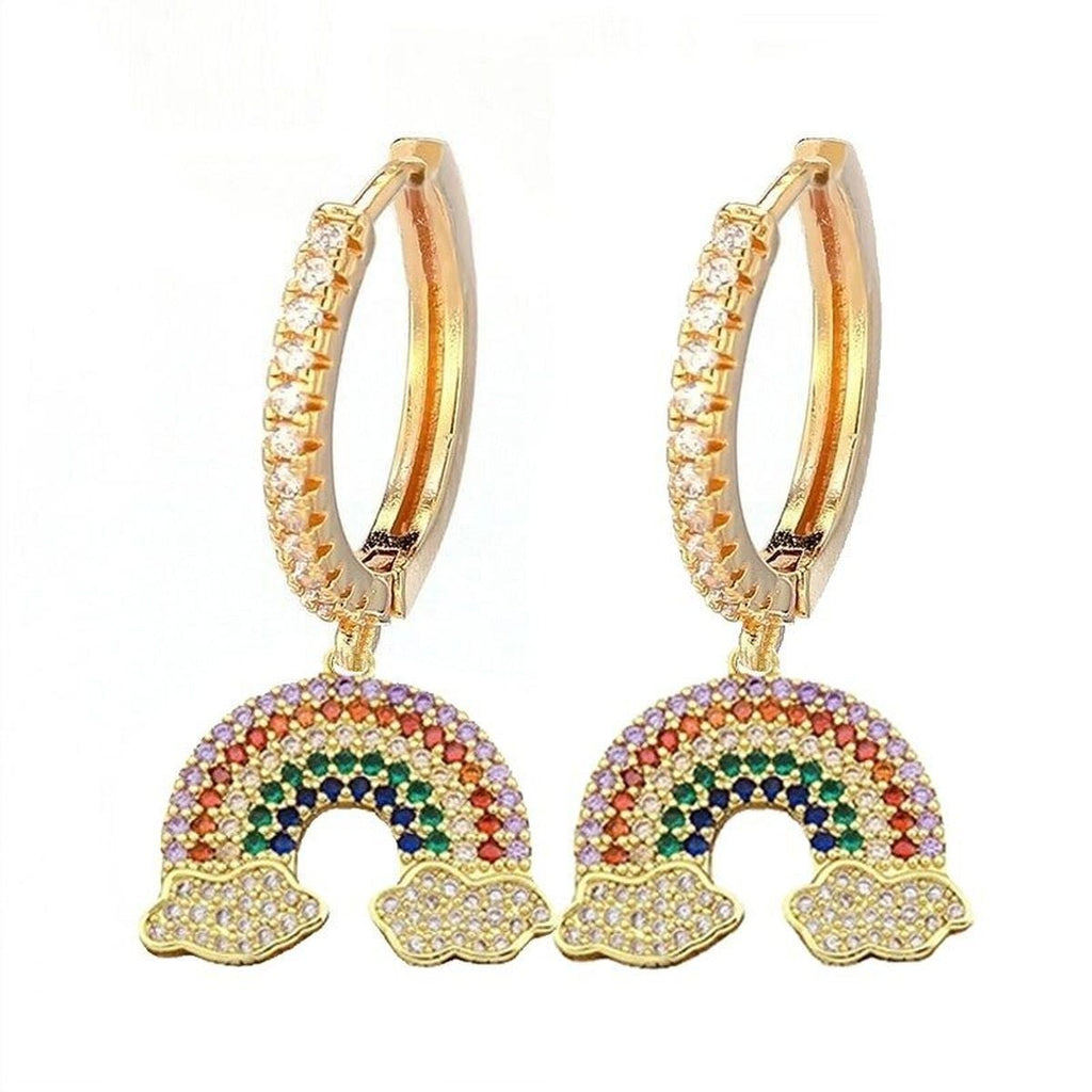Rainbow 18K Gold Cubic Zirconia Brass Hoop Earring Pair For Women