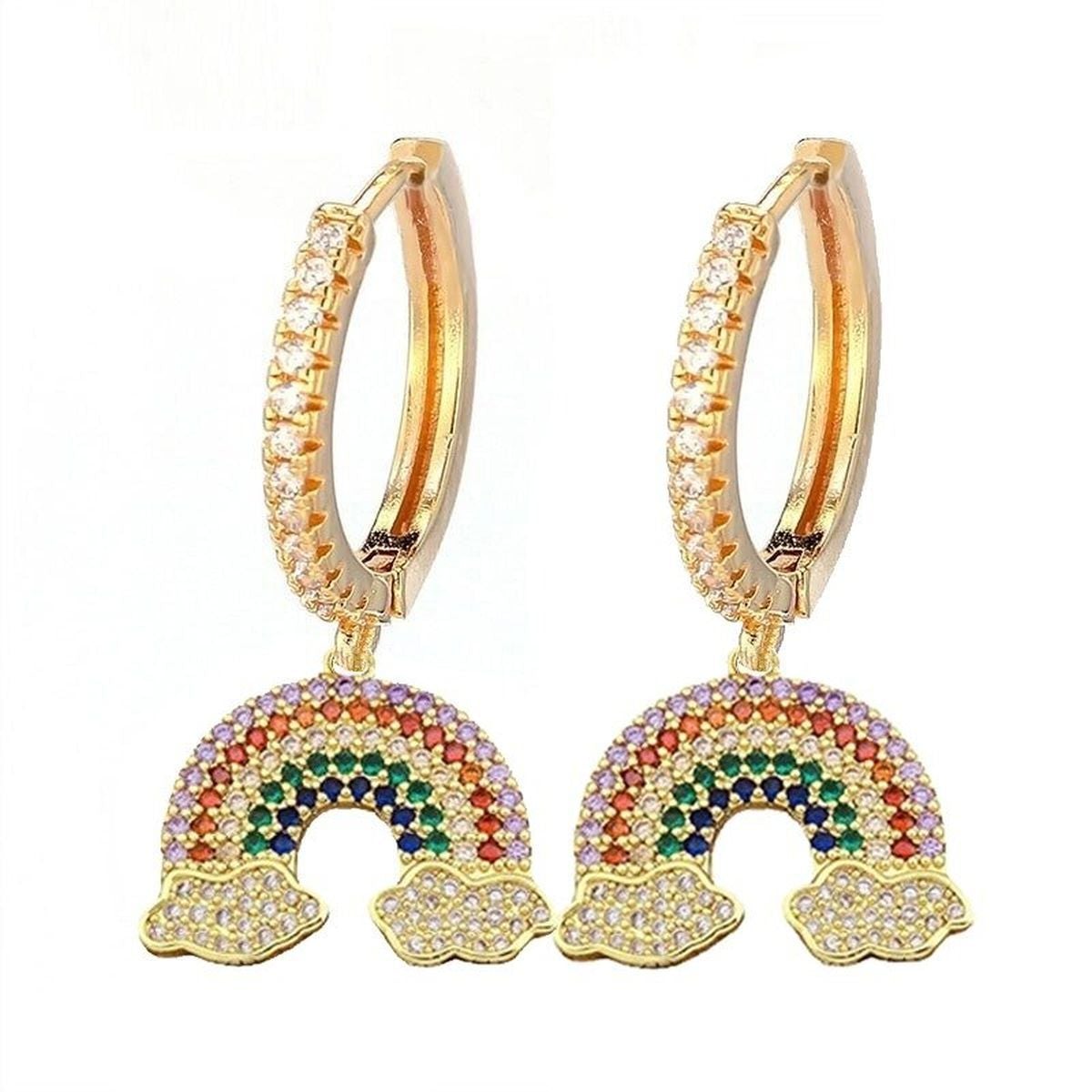 Rainbow 18K Gold Cubic Zirconia Brass Hoop Earring Pair For Women