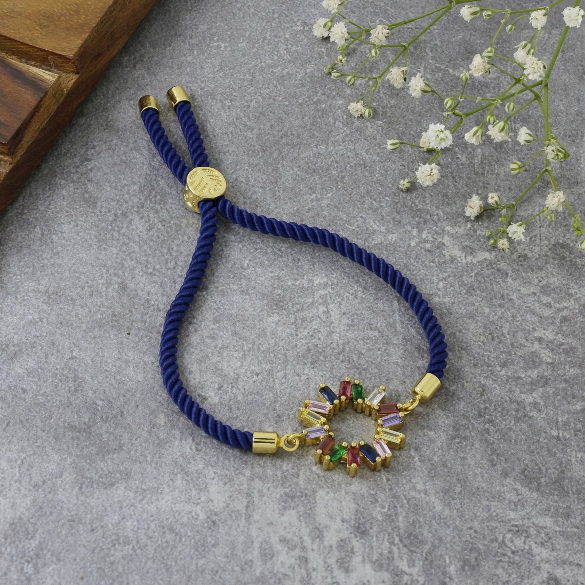 Rainbow 18K Gold Blue Cubic Zirconia Adjustable Thread Bracelet Bulk