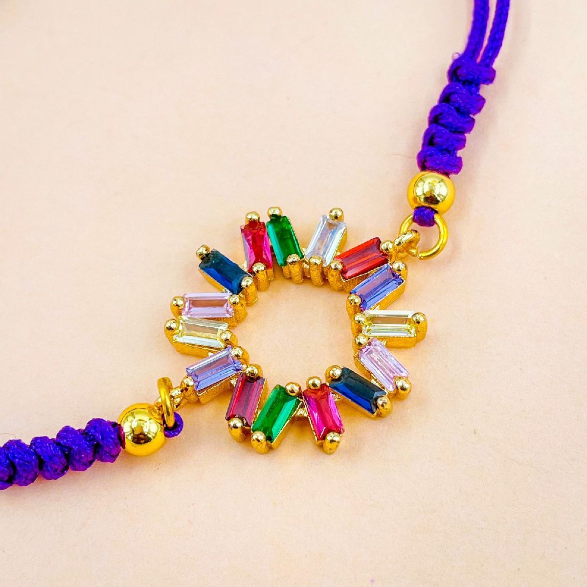 Rainbow Copper Multi Blue CZ Crystal Thread Adjustable Bracelet Bulk