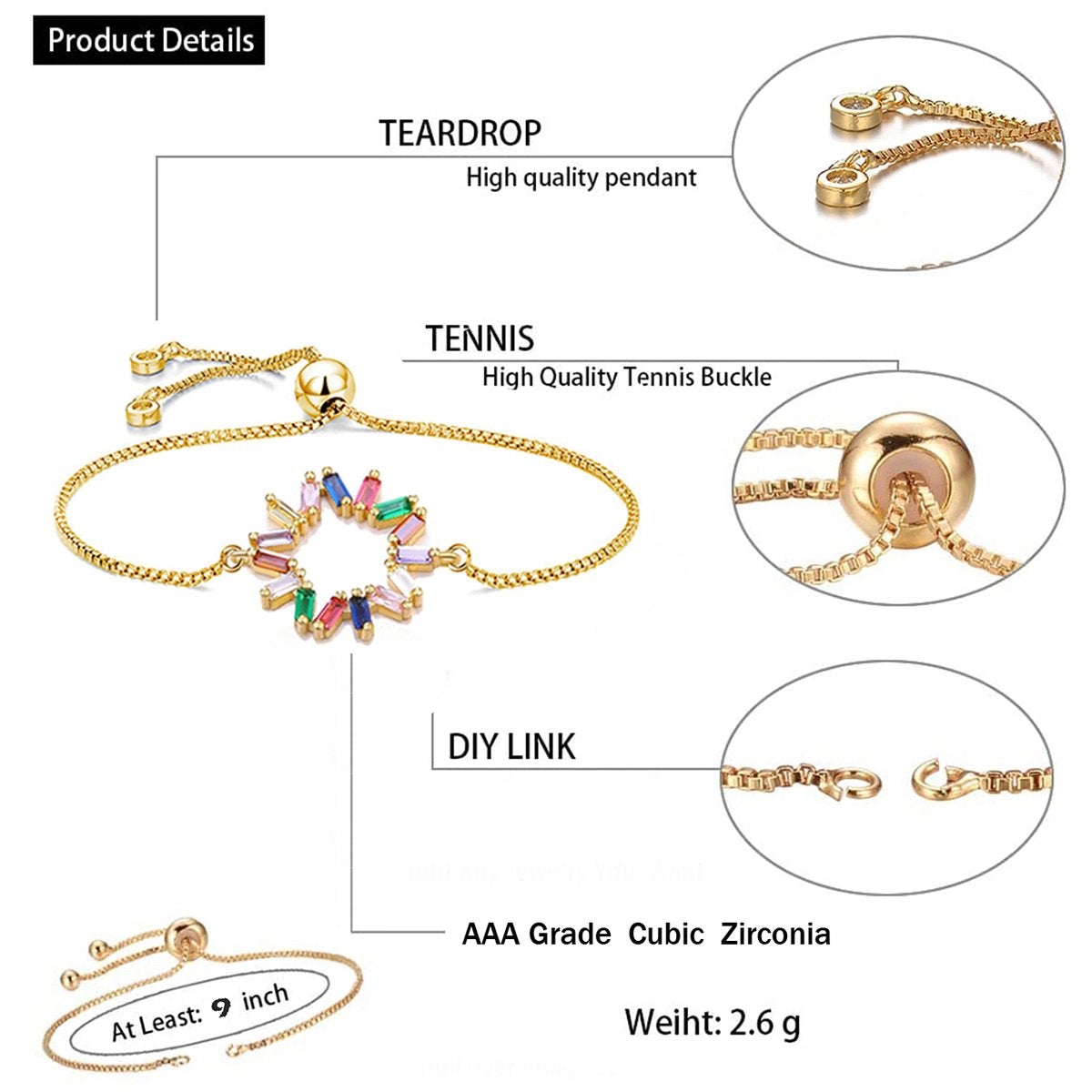 Colourful Rainbow 18K Gold CZ Adjustable Slider Bracelet Bulk