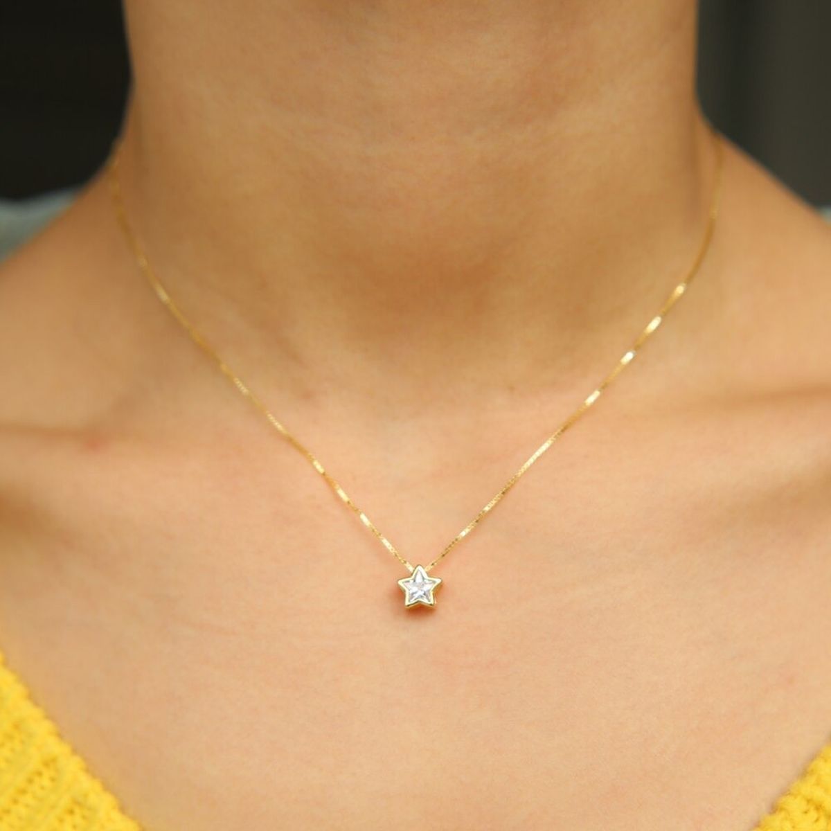 Star Bezel Set Dainty Solitaire CZ Gold Pendant Necklace Chain Bulk