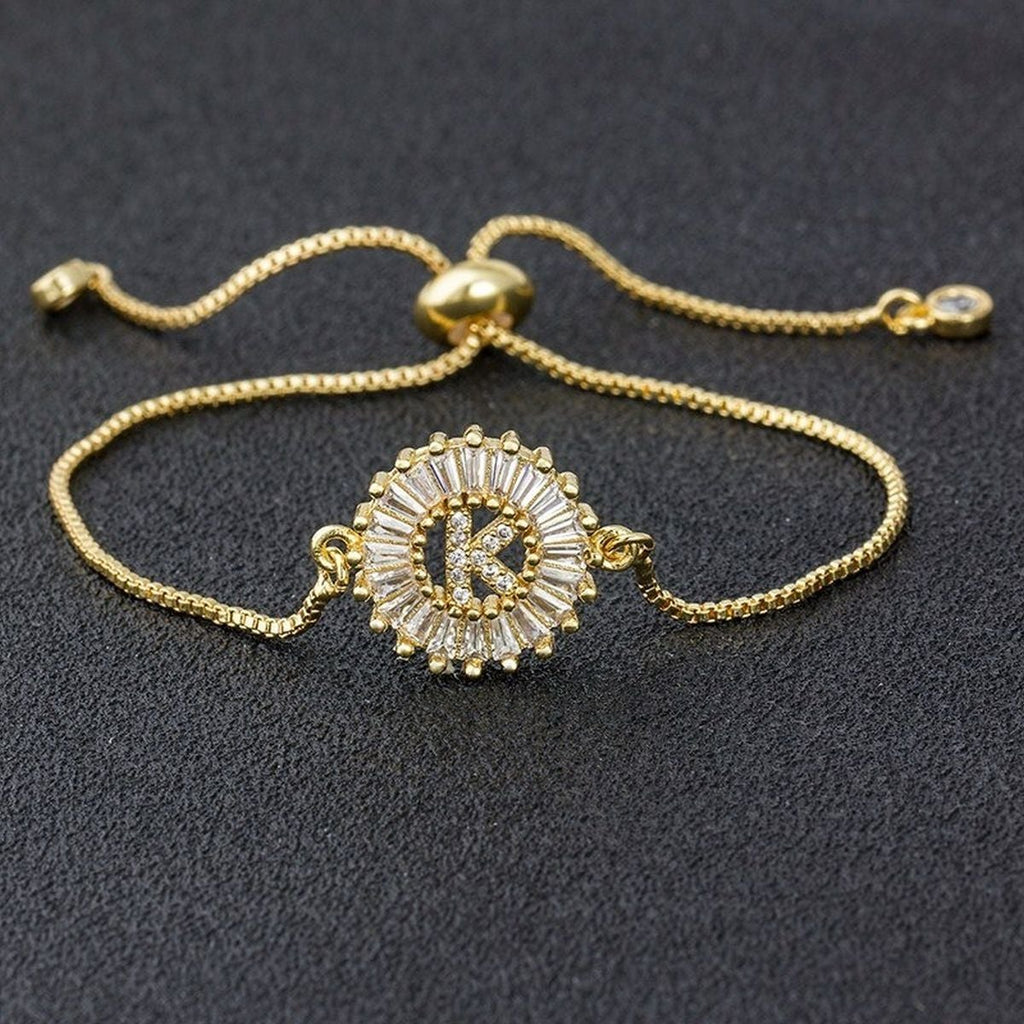 Initial Alphabet K Large Letter CZ Gold Slider Bracelet Bulk