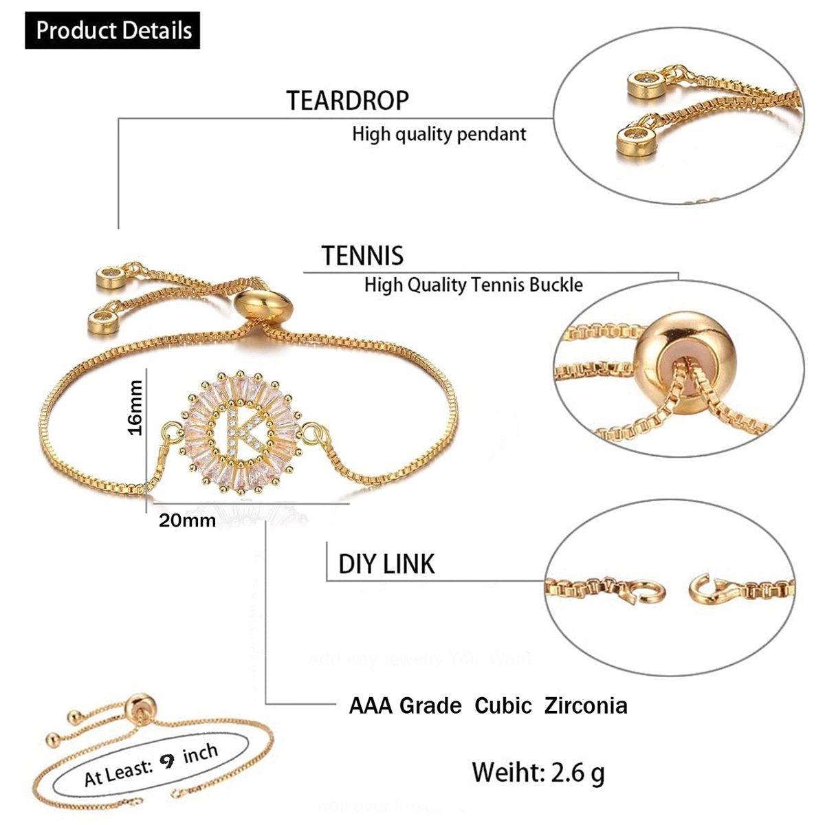 Initial Alphabet K Large Letter CZ Gold Slider Bracelet Bulk