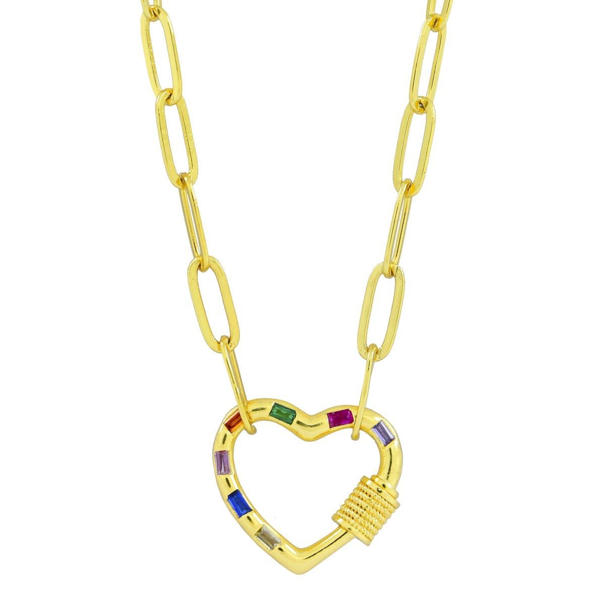 Love Heart Colorful Crystals Gold Links Chain Clasp Pendant Necklace