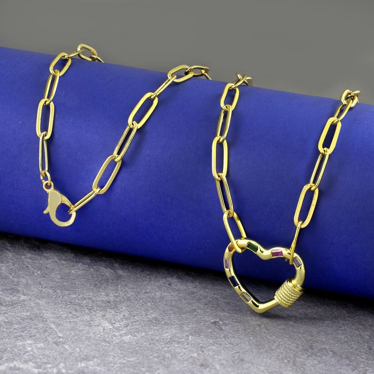 Love Heart Colorful Crystals Gold Links Chain Clasp Pendant Necklace Main image