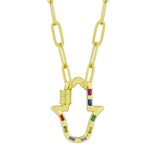 Multi Colour Hamsa Hand 18K Gold 17" Link Chain Clasp Pendant Necklace Secondary image