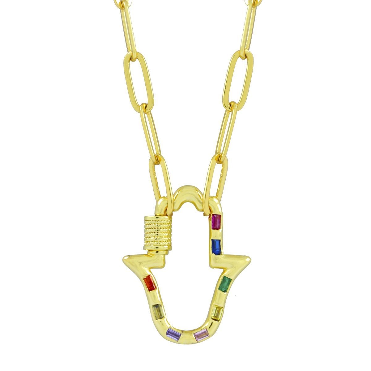 Multi Colour Hamsa Hand 18K Gold 17" Link Chain Clasp Pendant Necklace