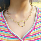 Multi Colour Round Gold 17" Links Chain Clasp Pendant Necklace Bulk