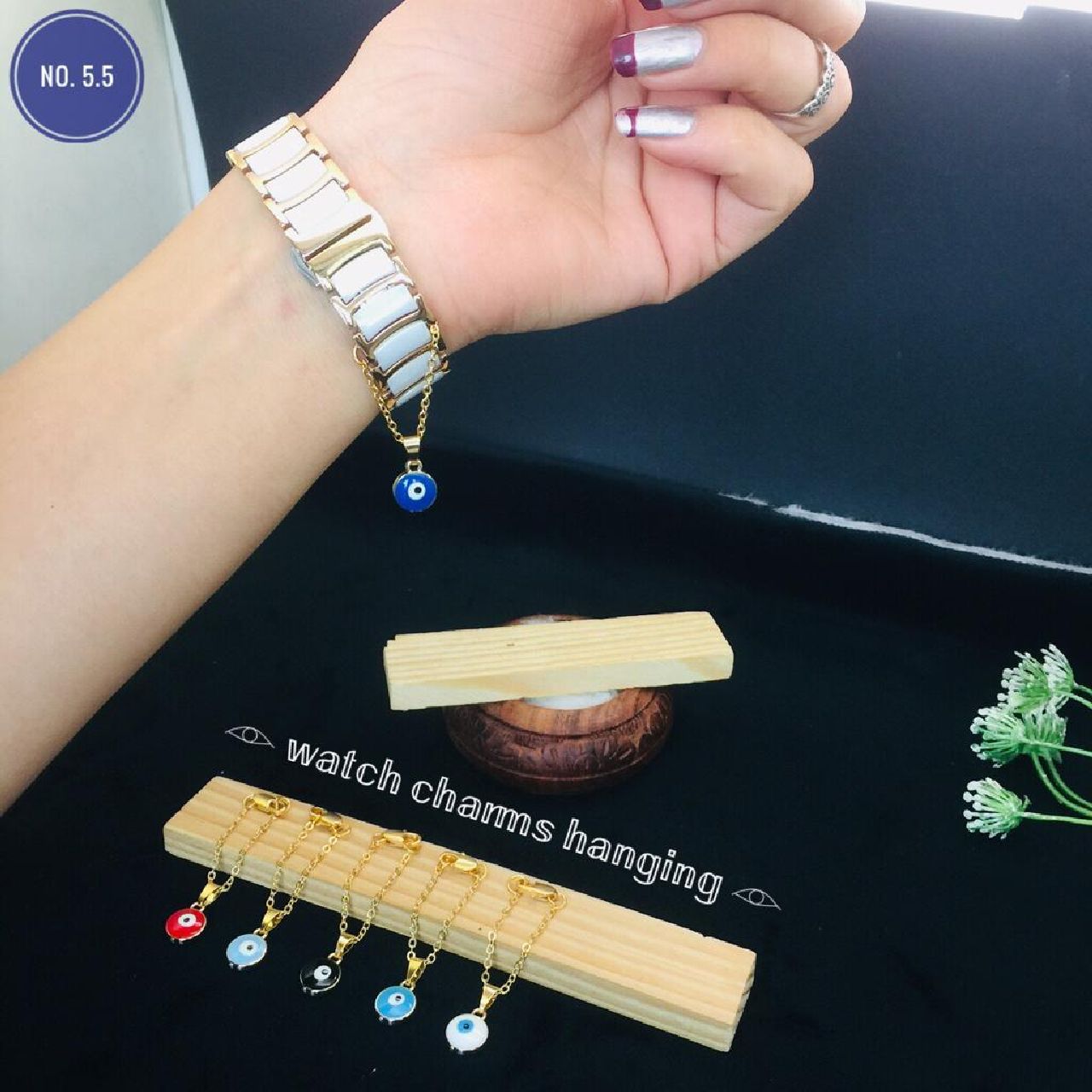 Copper Round Evil Eye Enamel Gold Blue Watch Charm For Women Bulk Main image