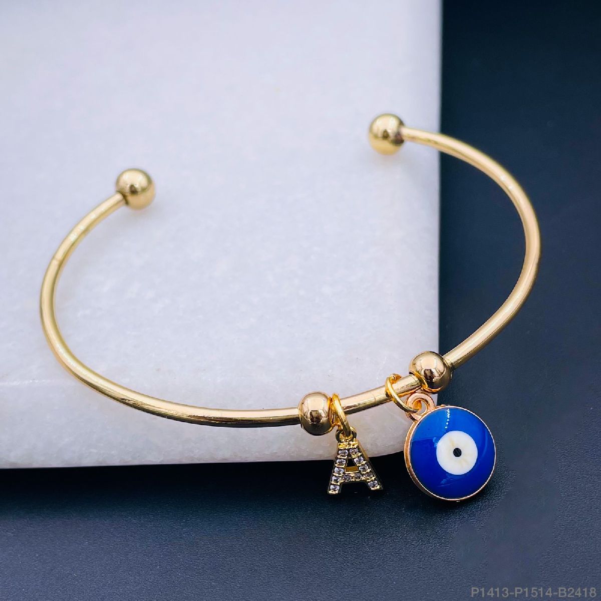 Copper CZ Gold Evil Eye Alphabet Initial Letter A Cuff Kada Bulk Main image