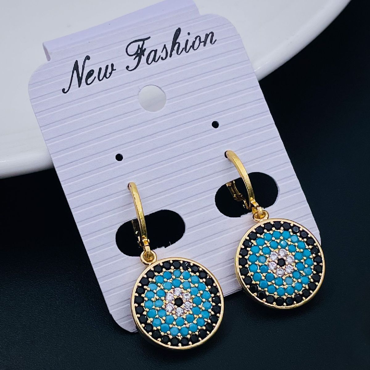 Evil Eye Nazariya Gold Black Blue Copper Drop Earring Pair Women Bulk Main image