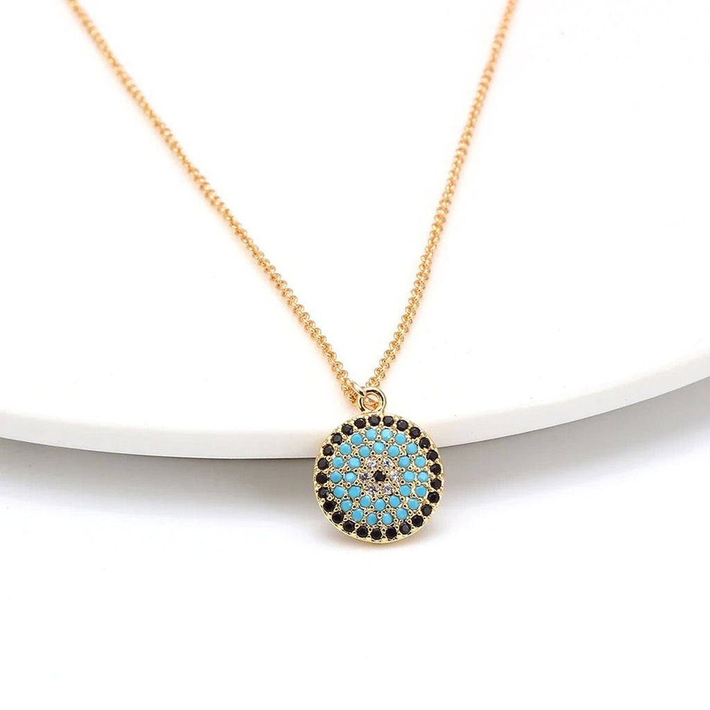 Turkish Evil Eye Blue Black Gold CZ Pendant Chain Necklace Bulk