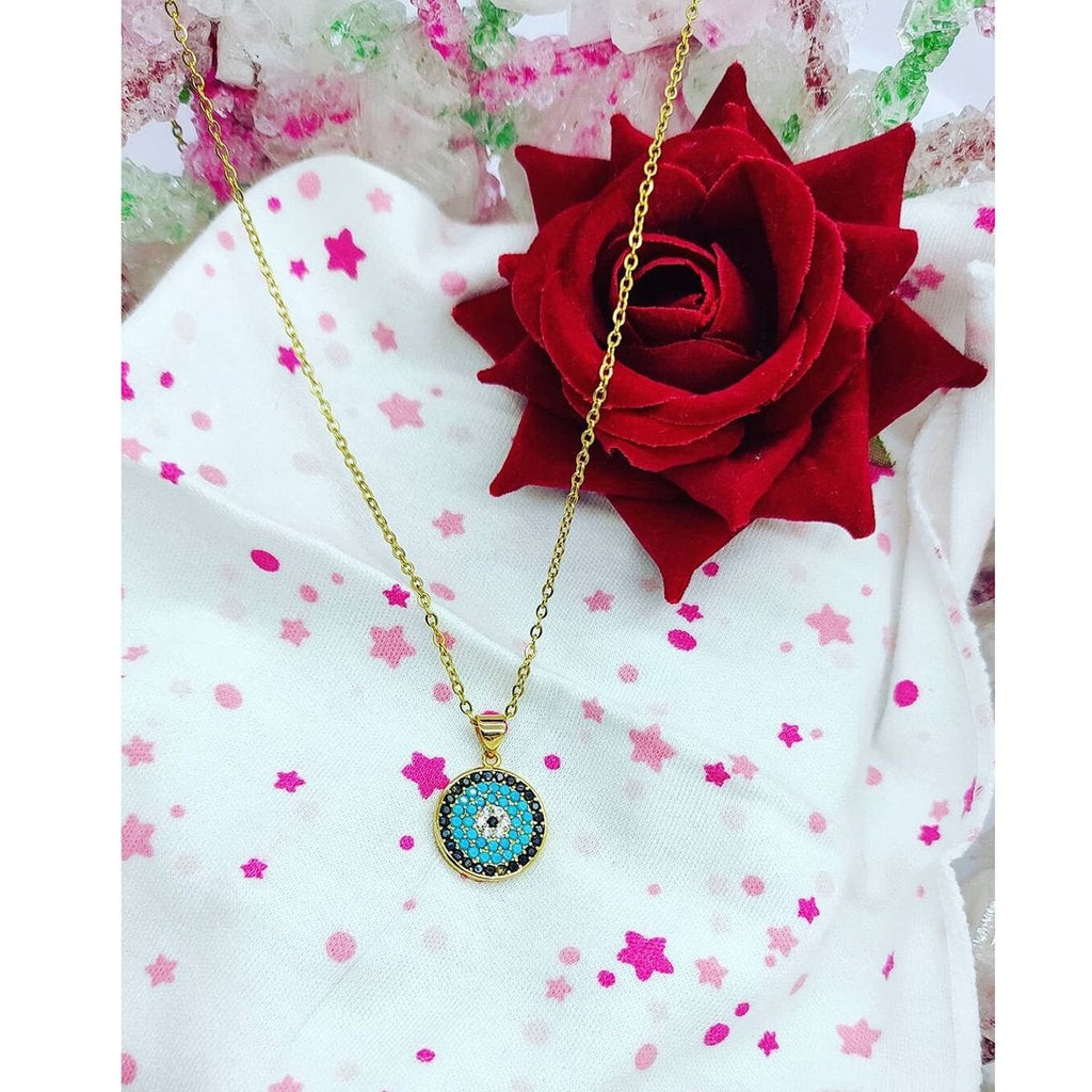Turkish Evil Eye Blue Black Gold CZ Pendant Chain Necklace Bulk