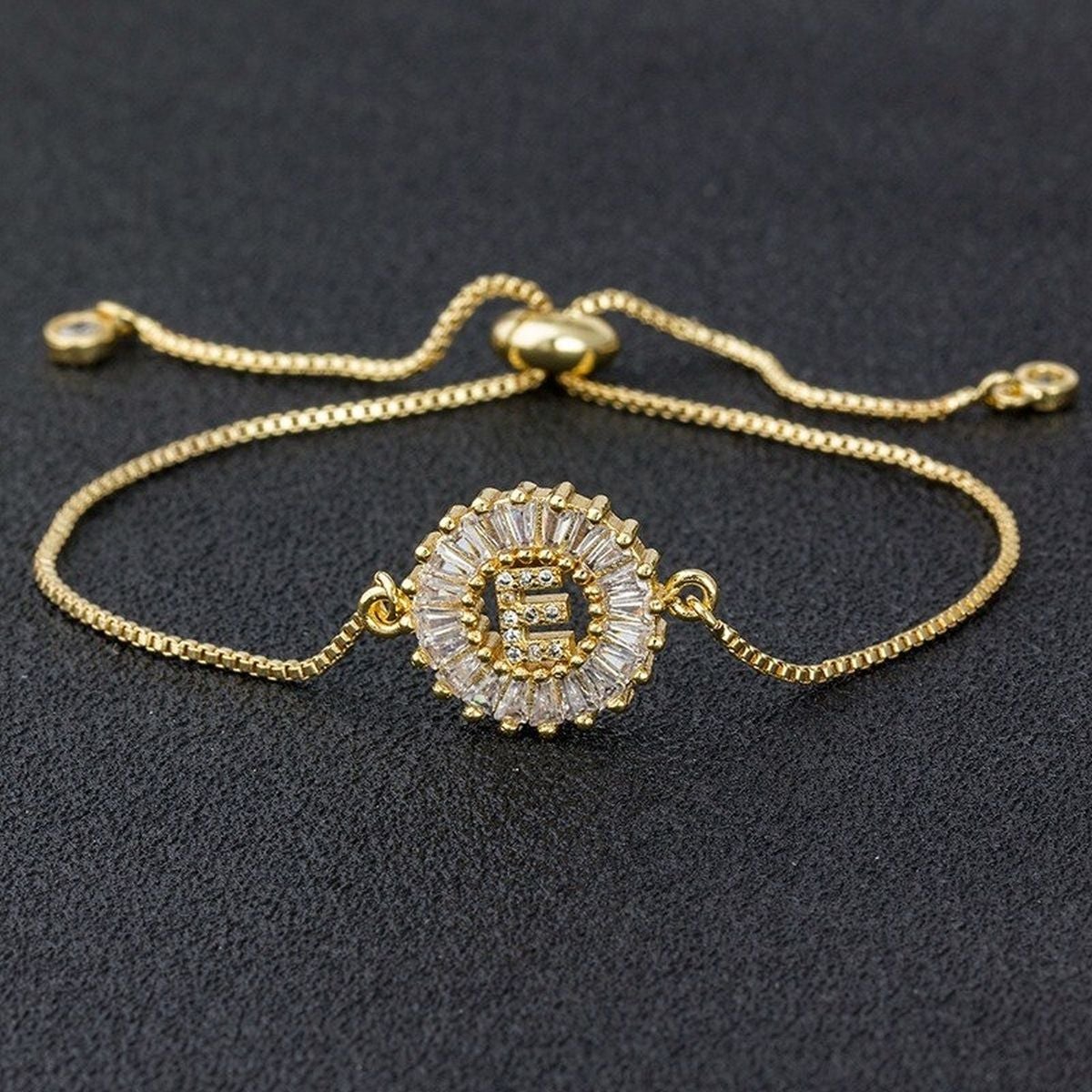 Initial Alphabet Large Letter Cubic Zirconia Gold Slider Bracelet Main image