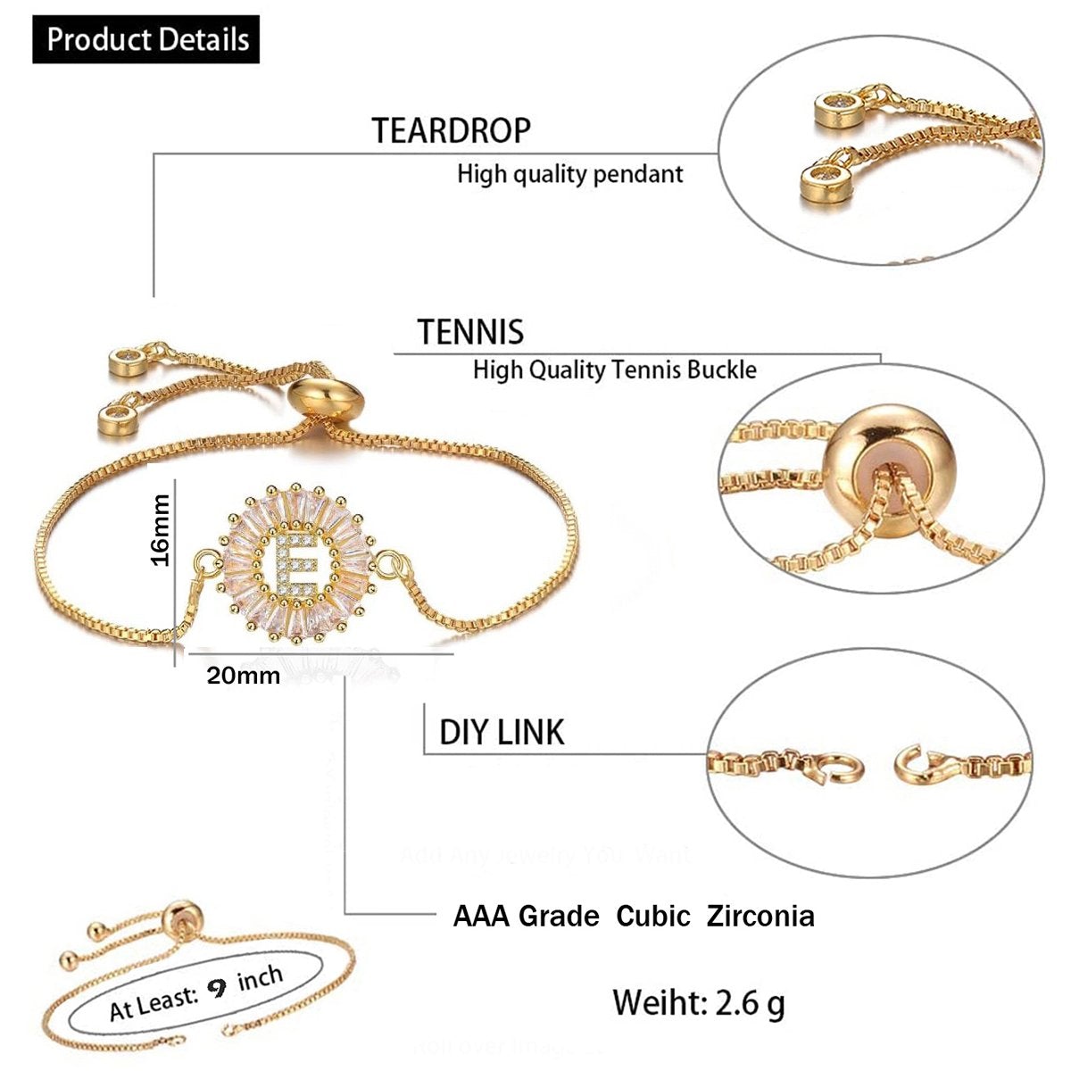 Initial Alphabet Large Letter Cubic Zirconia Gold Slider Bracelet