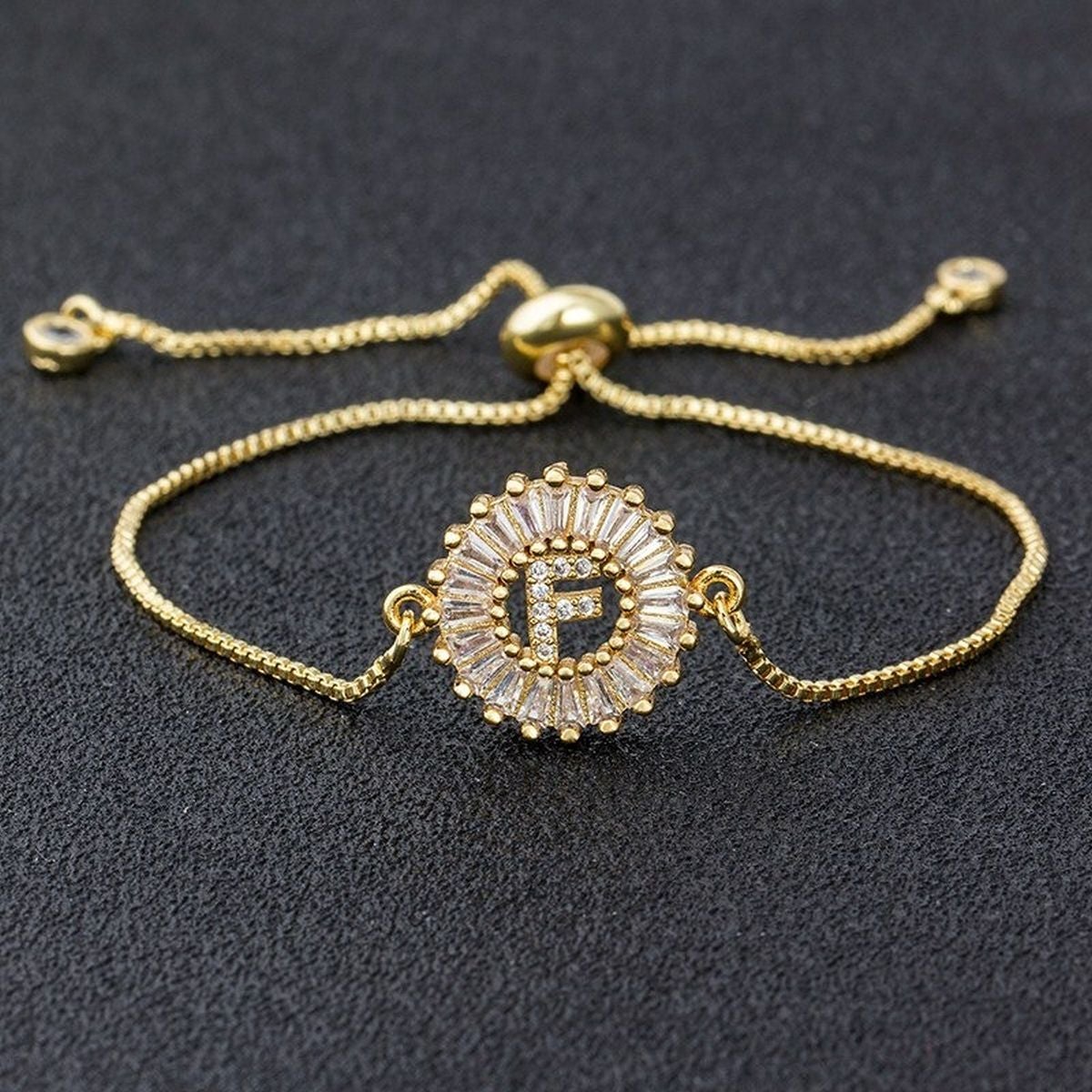 Initial Alphabet Large Letter Cubic Zirconia Gold Slider Bracelet Secondary image