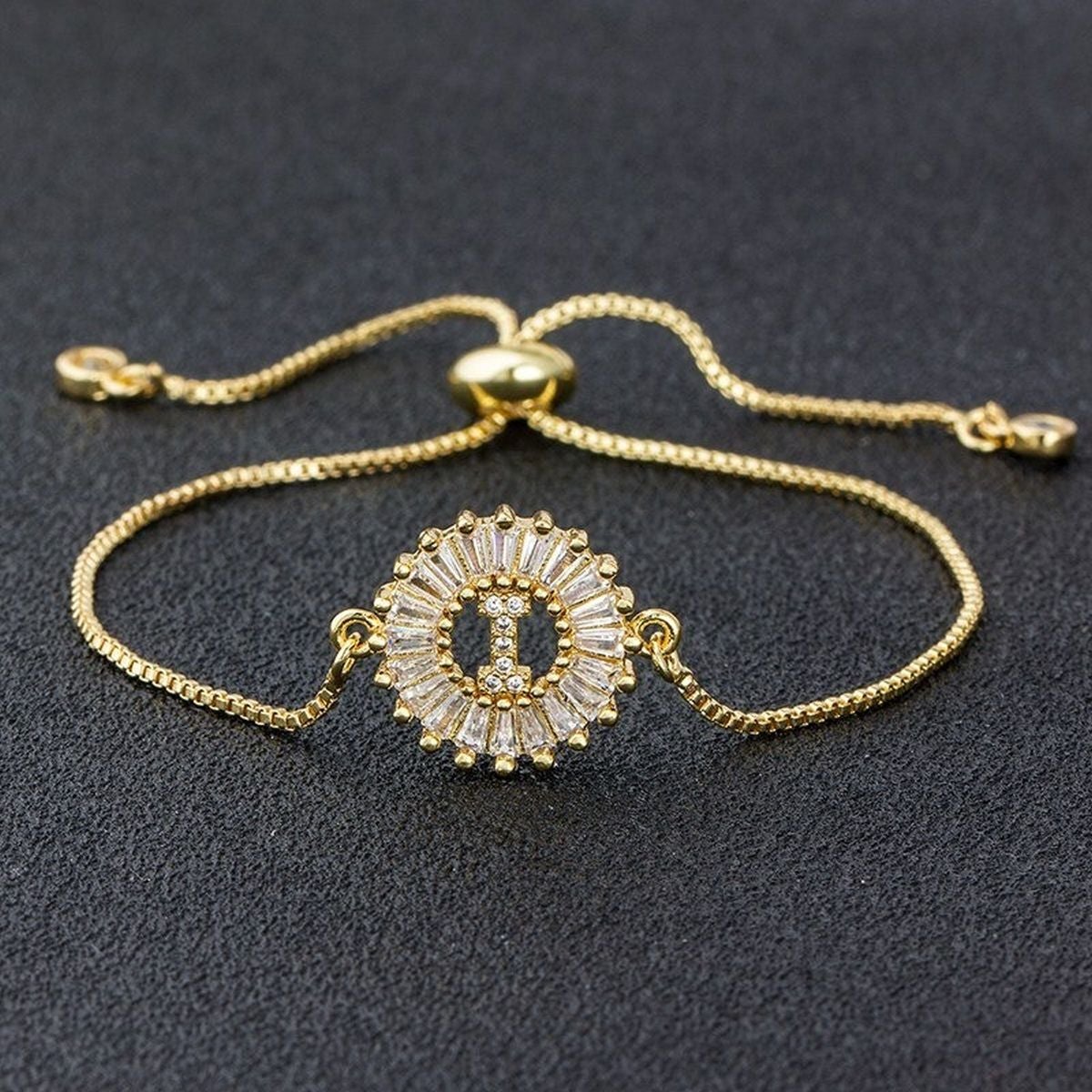 Initial Alphabet Large Letter Cubic Zirconia Gold Slider Bracelet
