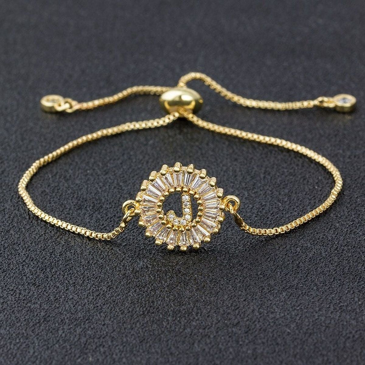 Initial Alphabet Large Letter Cubic Zirconia Gold Slider Bracelet