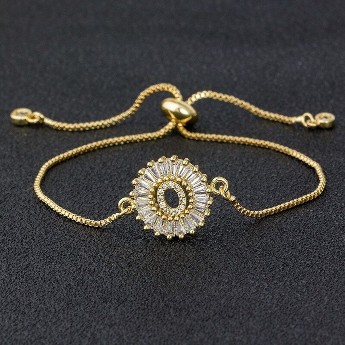 Initial Alphabet Large Letter Cubic Zirconia Gold Slider Bracelet