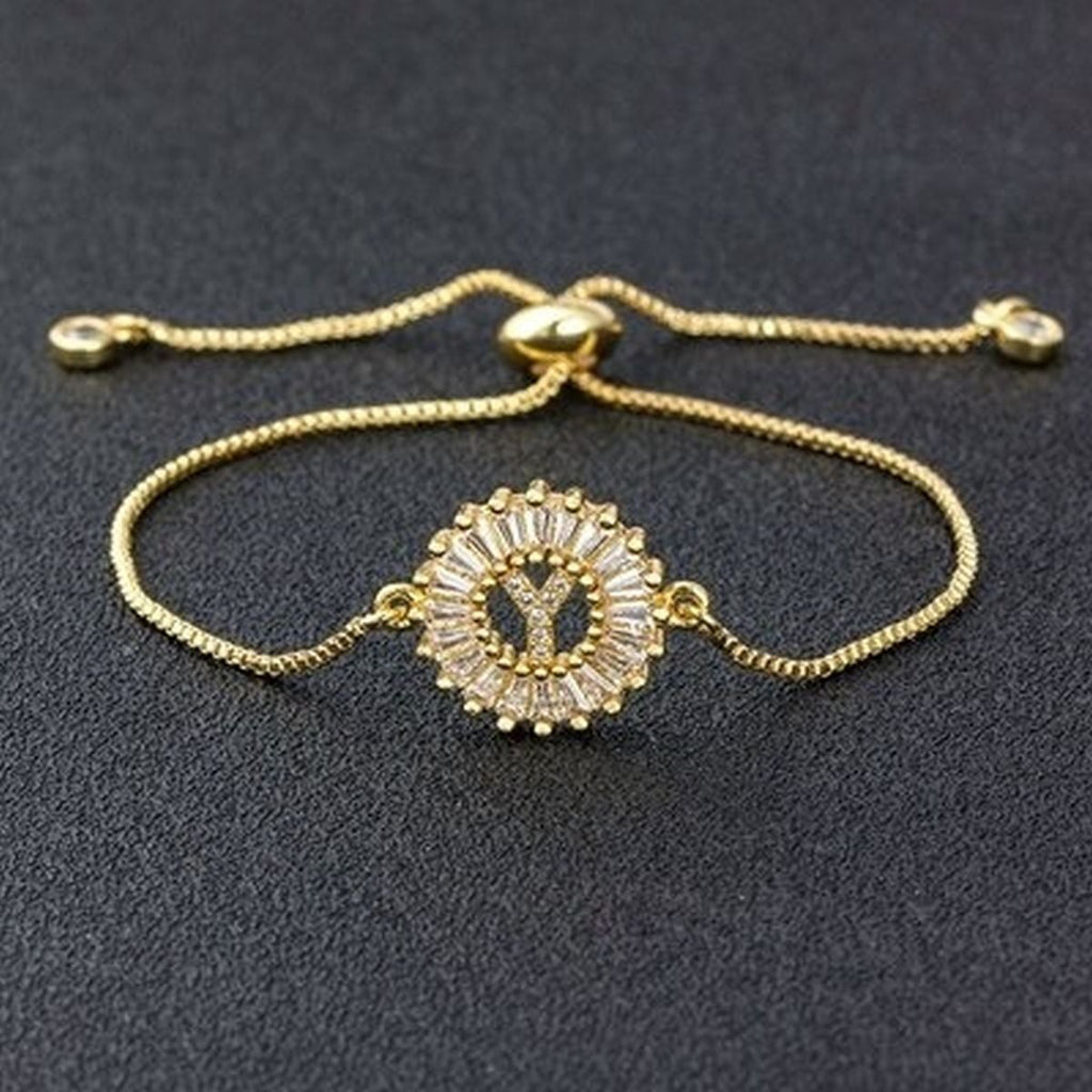 Initial Alphabet Large Letter Cubic Zirconia Gold Slider Bracelet