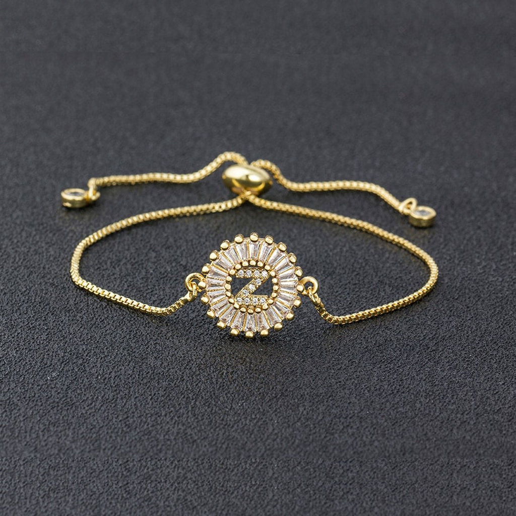 Initial Alphabet Large Letter Cubic Zirconia Gold Slider Bracelet