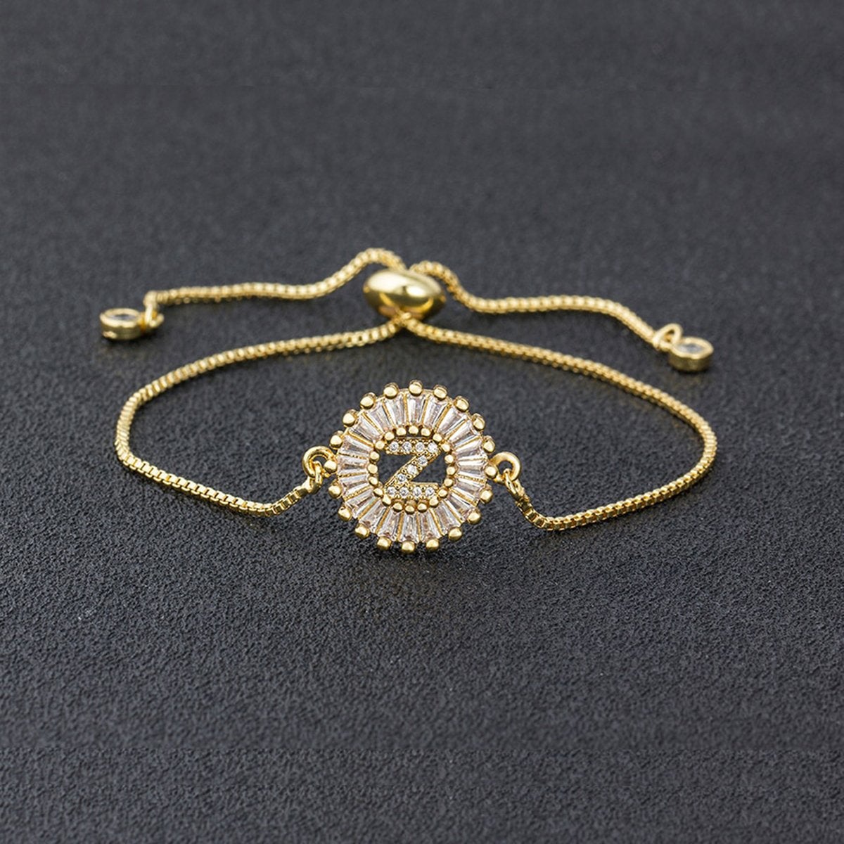 Initial Alphabet Large Letter Cubic Zirconia Gold Slider Bracelet