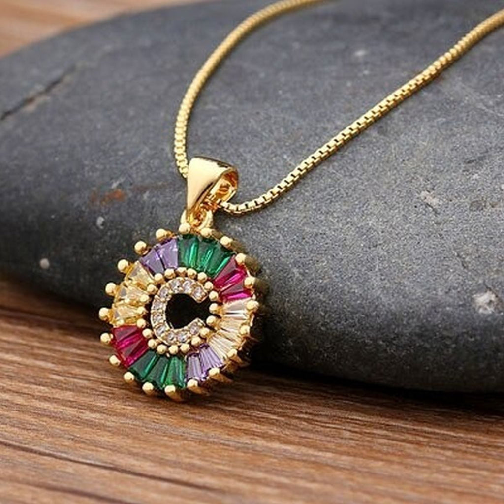 Initial Alphabet Large Letter Cubic Zirconia Cz 18K Gold Pendant Chain Necklacelocket