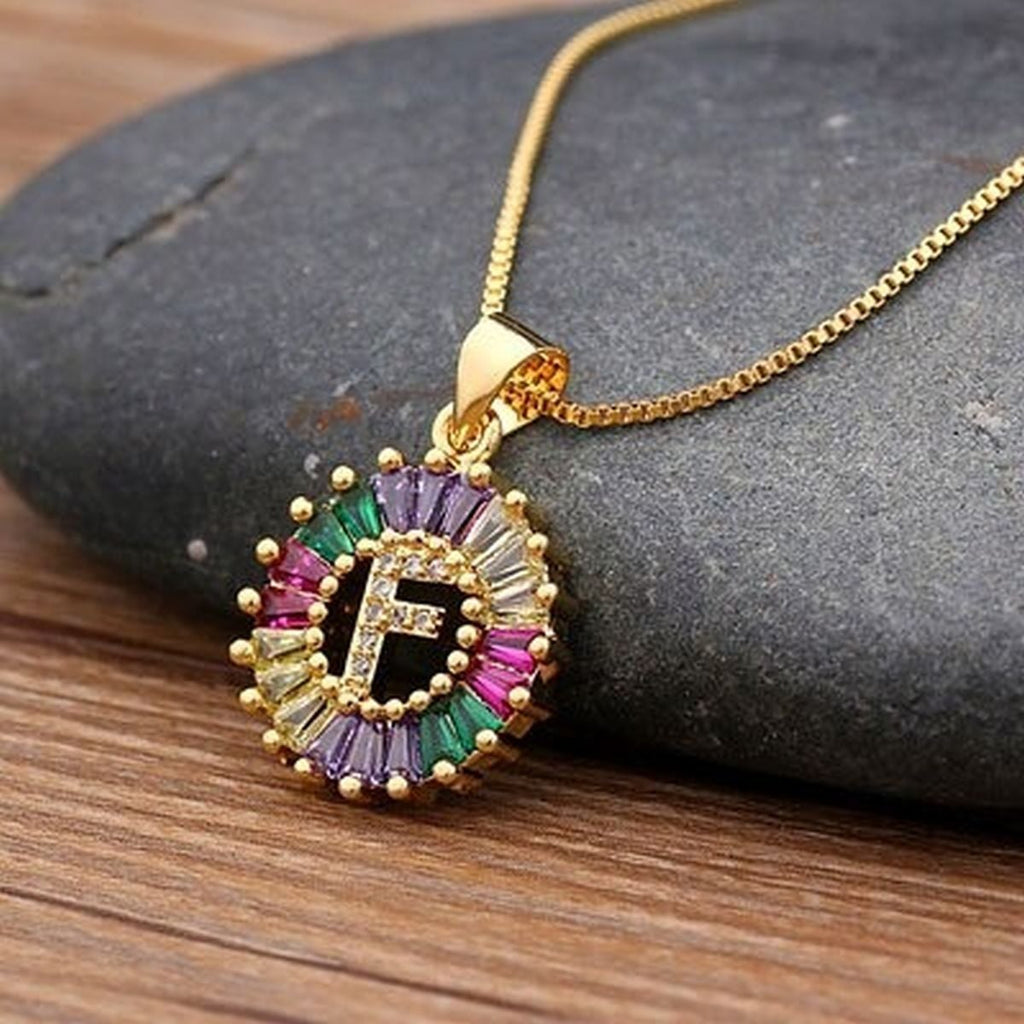 Initial Alphabet Large Letter Cubic Zirconia Cz 18K Gold Pendant Chain Necklacelocket