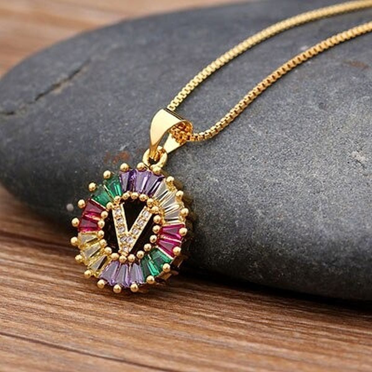 Initial Alphabet Large Letter Cubic Zirconia Cz 18K Gold Pendant Chain Necklacelocket