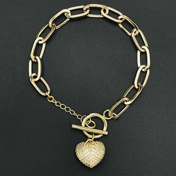 Heart Toggle Gold American Diamond Copper Link Bracelet For Women Main image