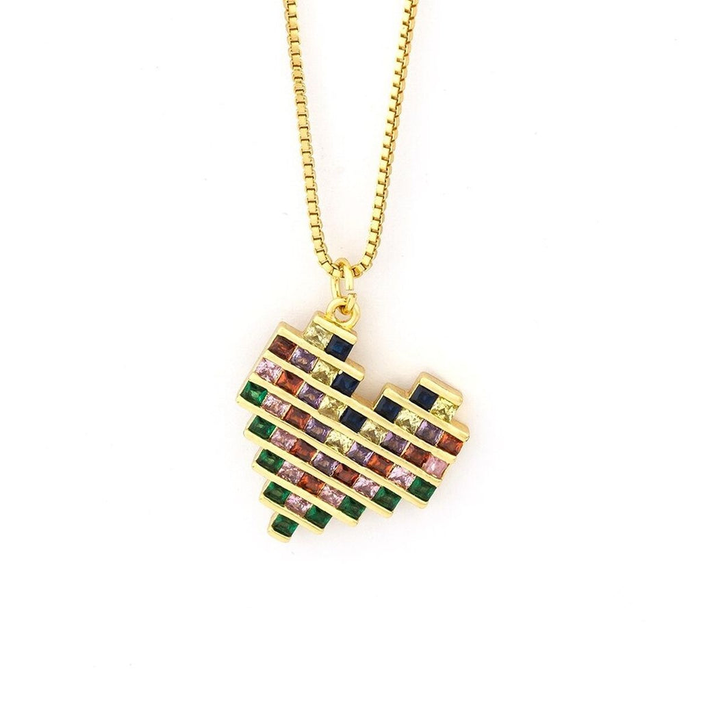 Rainbow Multi Colour Baguette Love Heart Pendant Necklace Chain Bulk