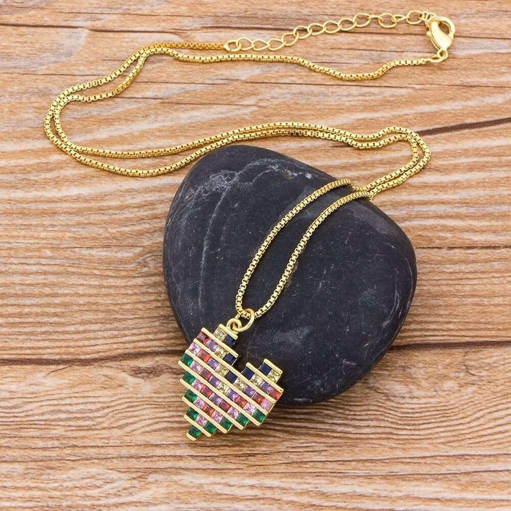 Rainbow Multi Colour Baguette Love Heart Pendant Necklace Chain Bulk