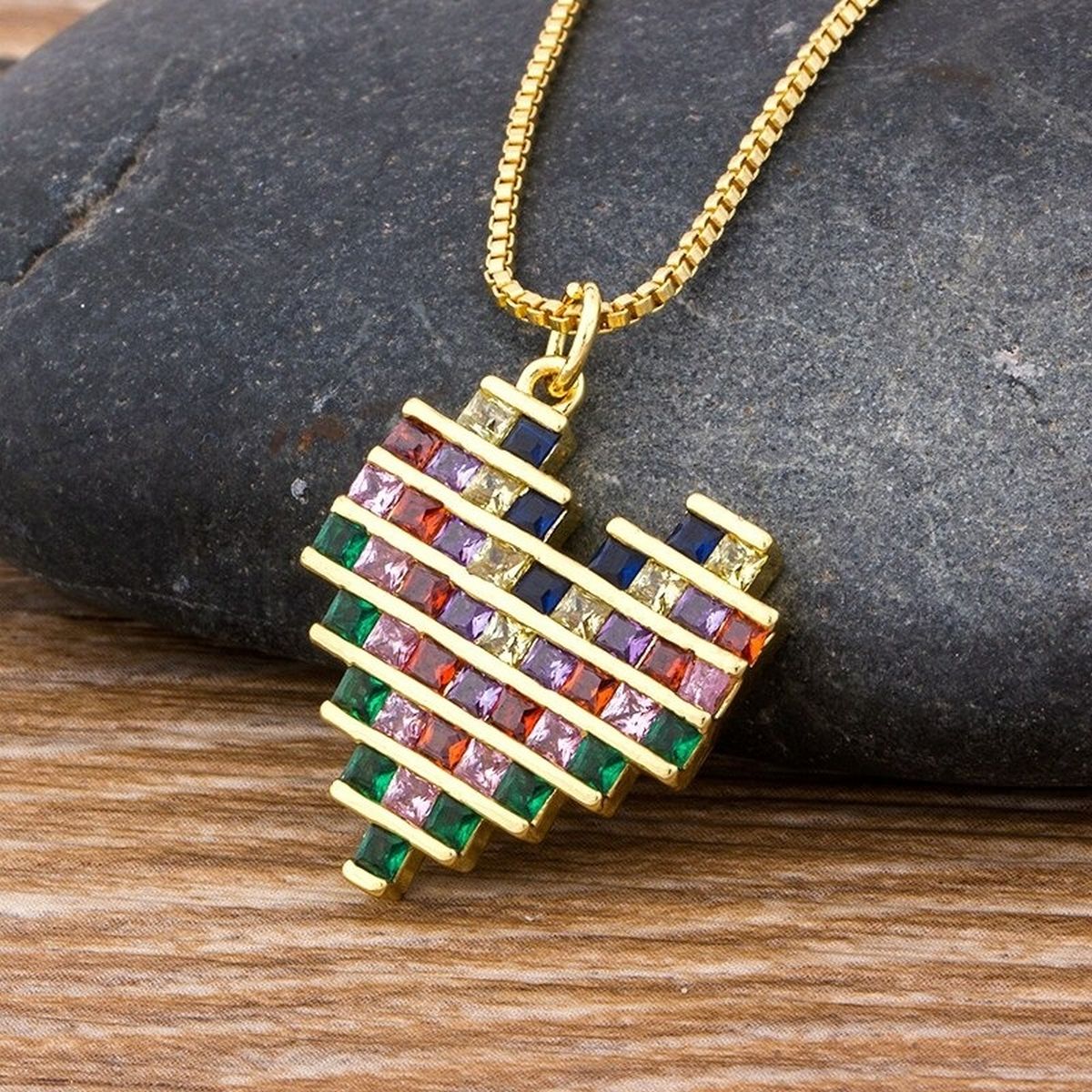 Rainbow Multi Colour Baguette Love Heart Pendant Necklace Chain Bulk
