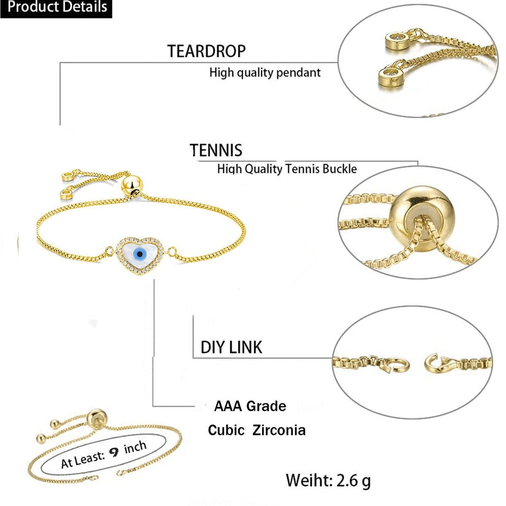 Heart Evil Eye 18K Gold Cubic Zirconia Adjustable Slider Bracelet