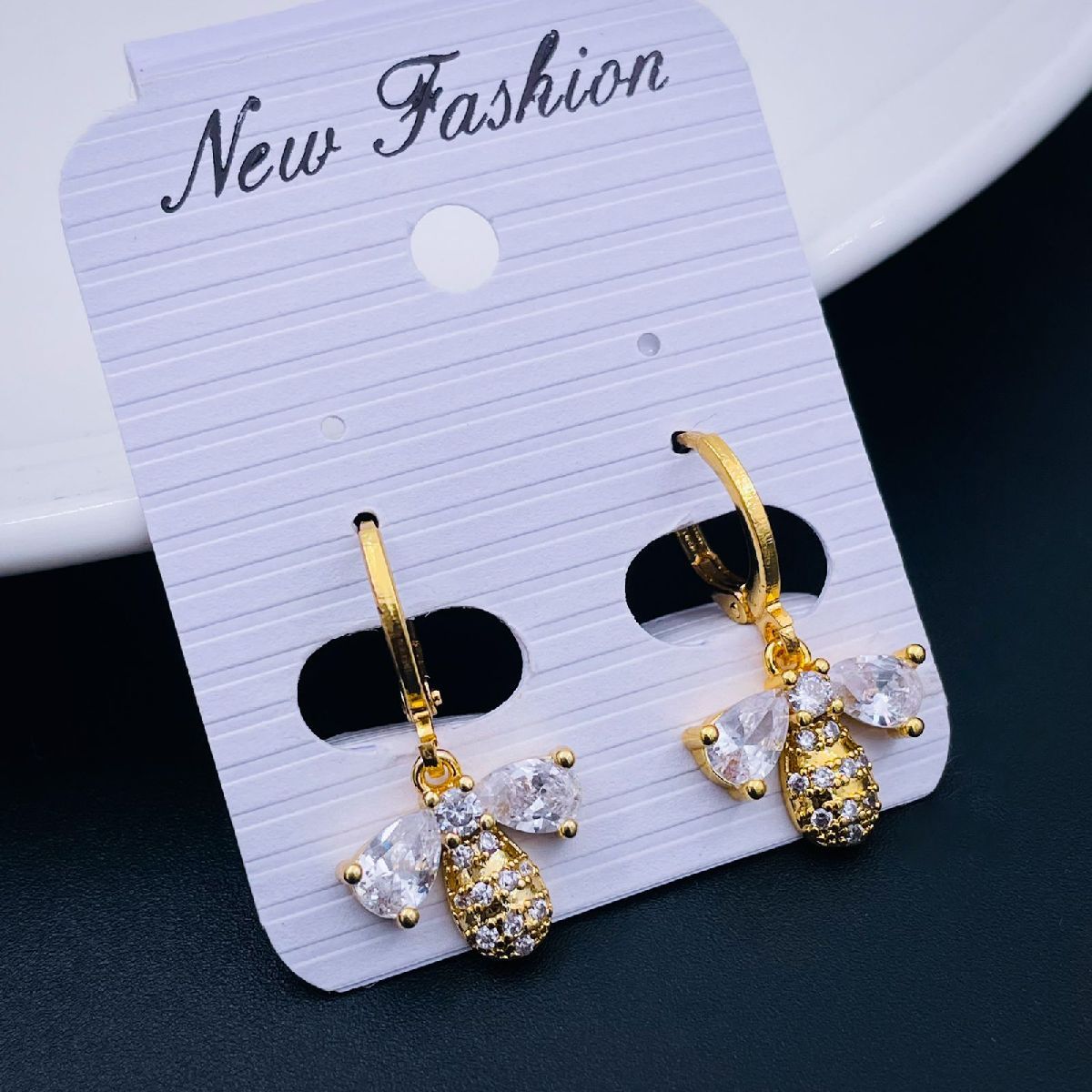 Honey Bee Gold Plated Crystal Cubic Zirconia Drop Earring Pair Bulk