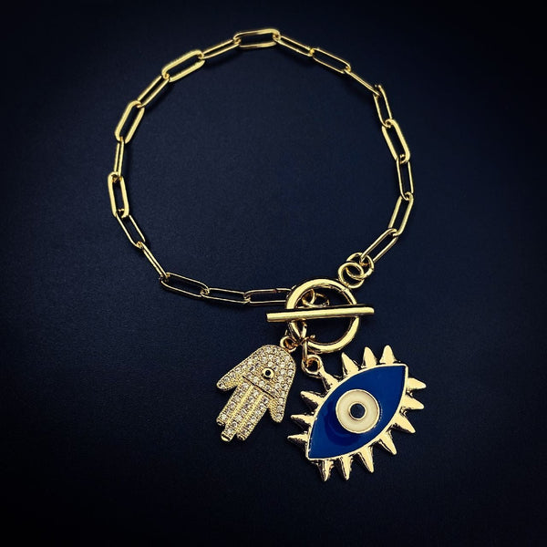 Gold Blue Gold Evil Eye Hamsa Charms Chain Link Bracelet Girls Bulk Main image