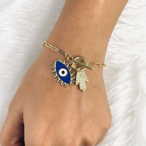 Gold Blue Gold Evil Eye Hamsa Charms Chain Link Bracelet Girls Bulk Secondary image