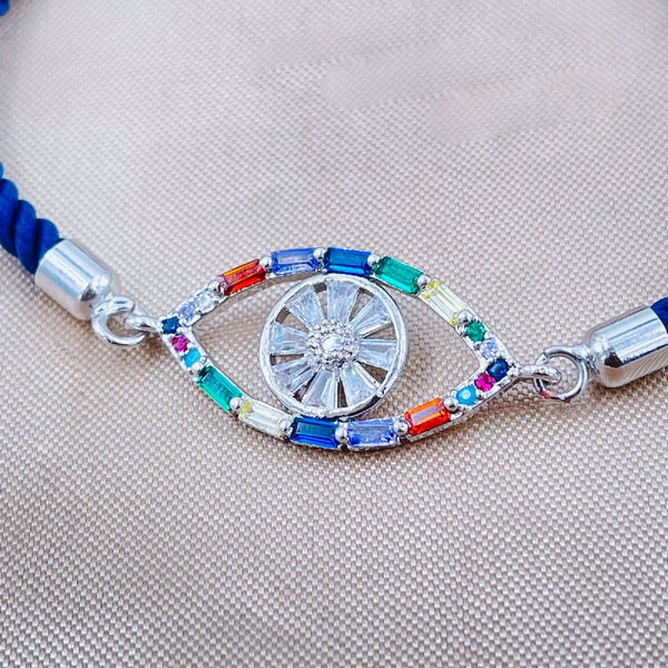 Rainbow Evil Eye Copper Silver Blue CZ Thread Bracelet Bulk Secondary image
