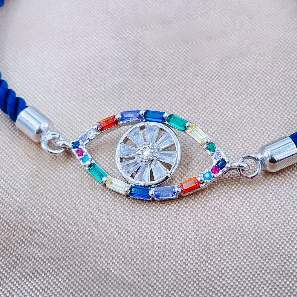 Rainbow Evil Eye Copper Silver Blue CZ Thread Bracelet Bulk