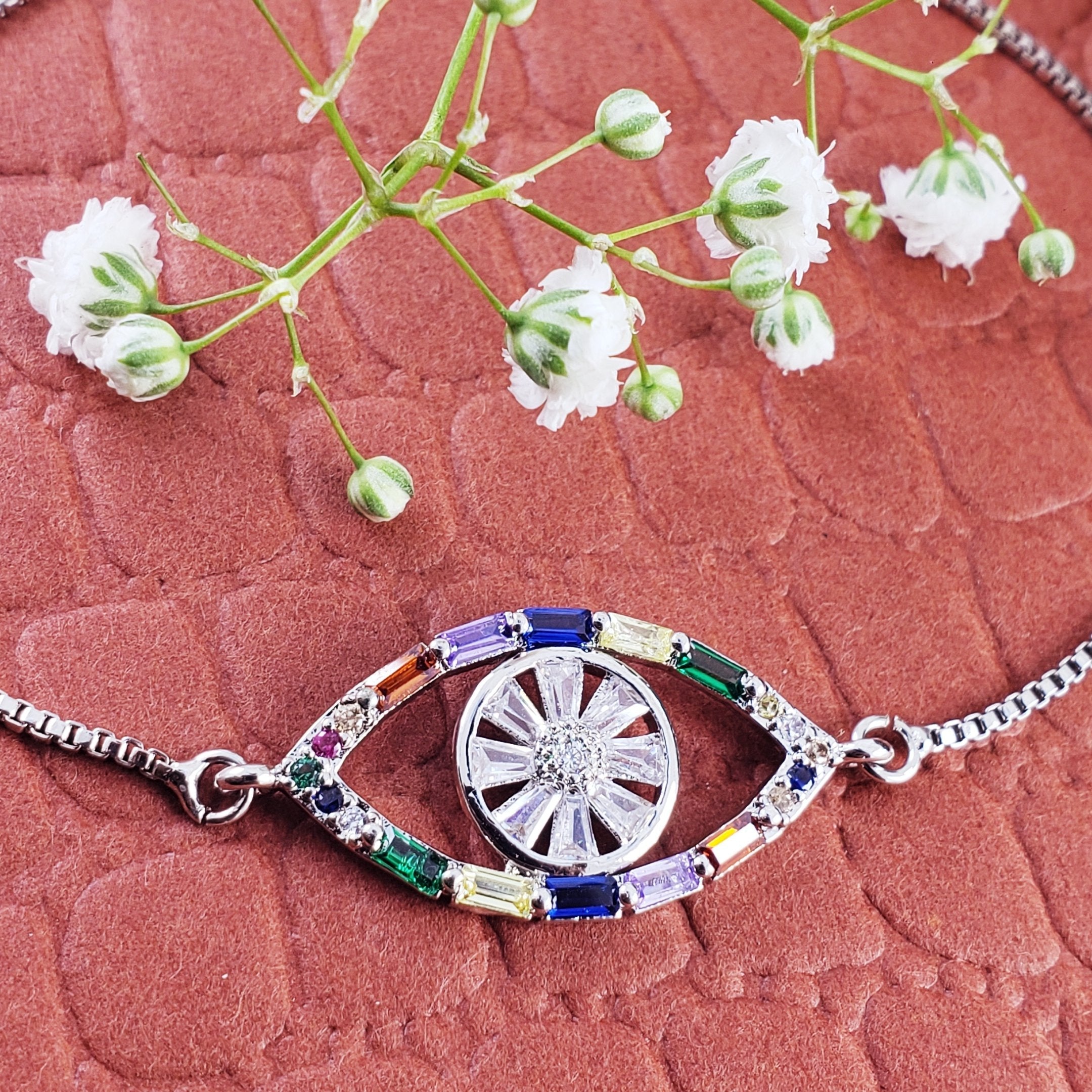 Evil Eye Blue Silver Cubic Zirconia Slider Adjustable Bracelet Bulk
