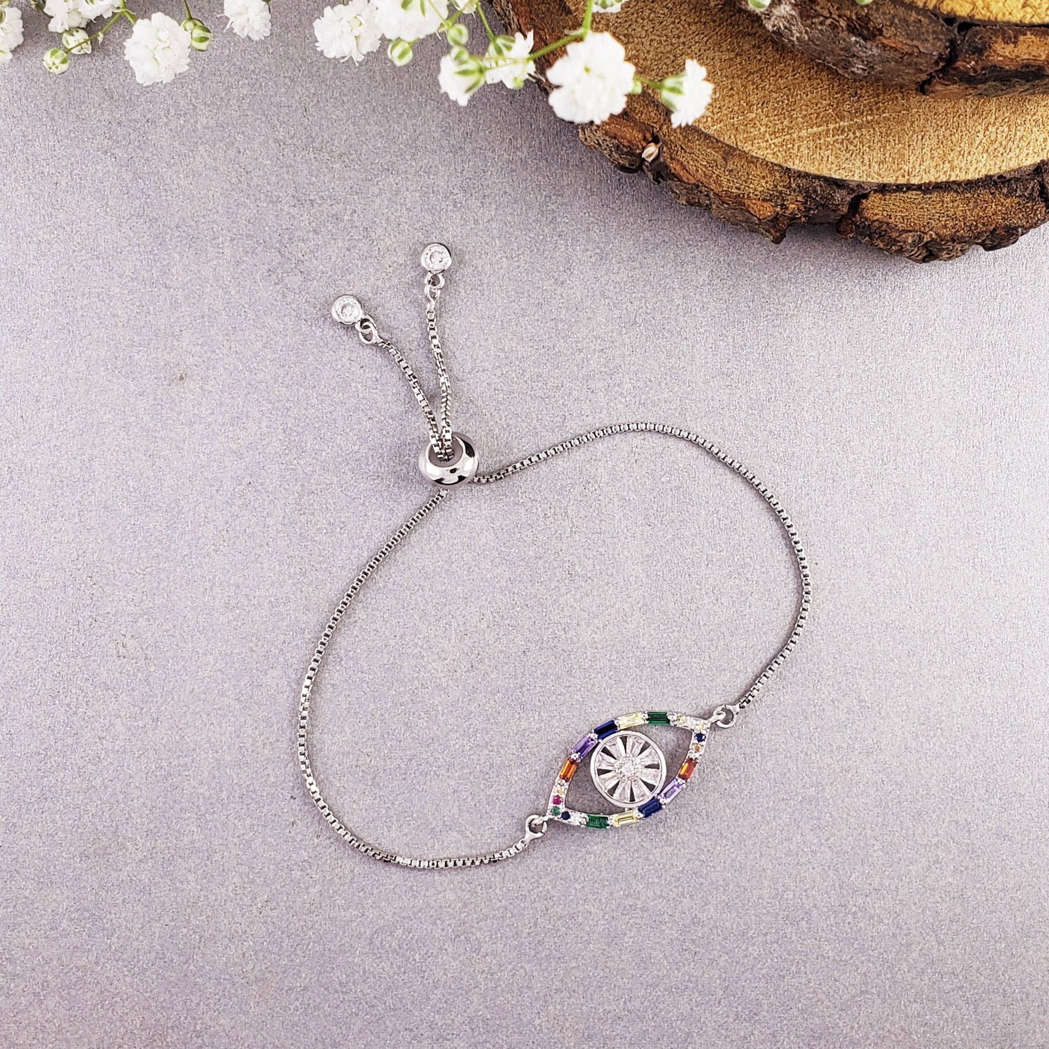 Evil Eye Blue Silver Cubic Zirconia Slider Adjustable Bracelet Bulk