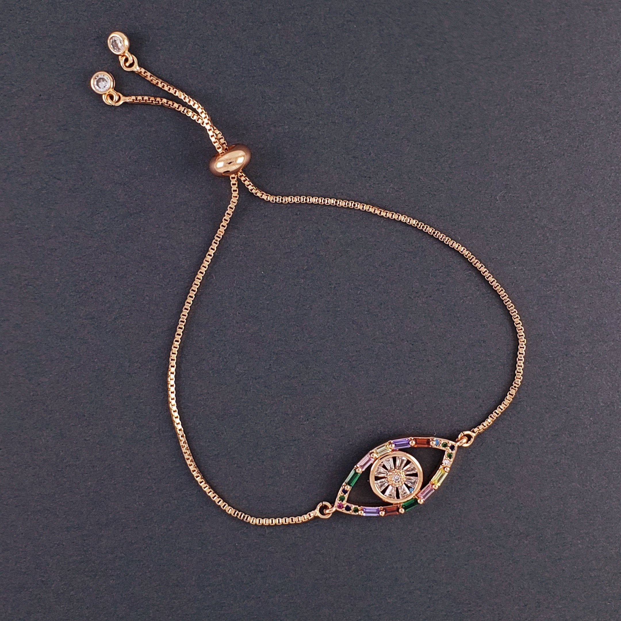 Rainbow Evil Eye Rose Gold Copper Slider Bracelet For Women Bulk Main image