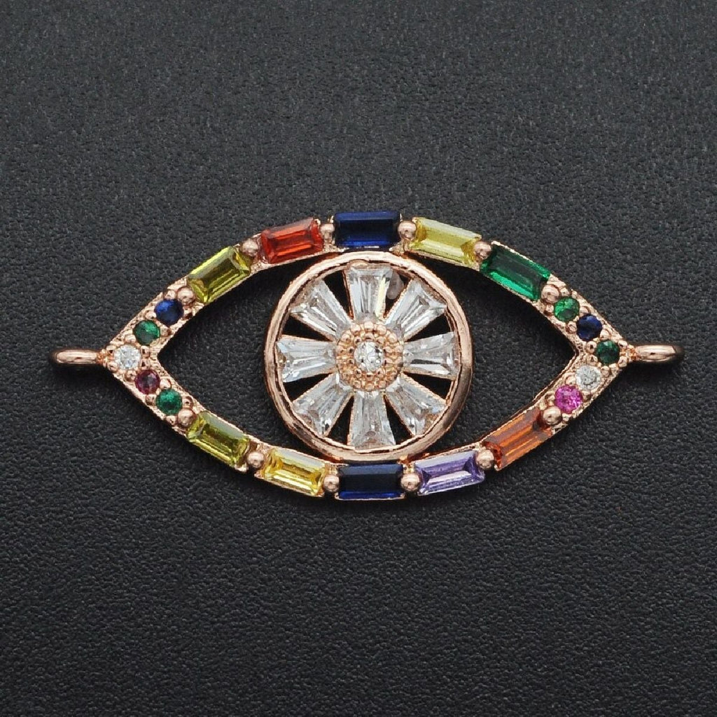 Rainbow Evil Eye Rose Gold Zircon Baguette Copper Charm For Women