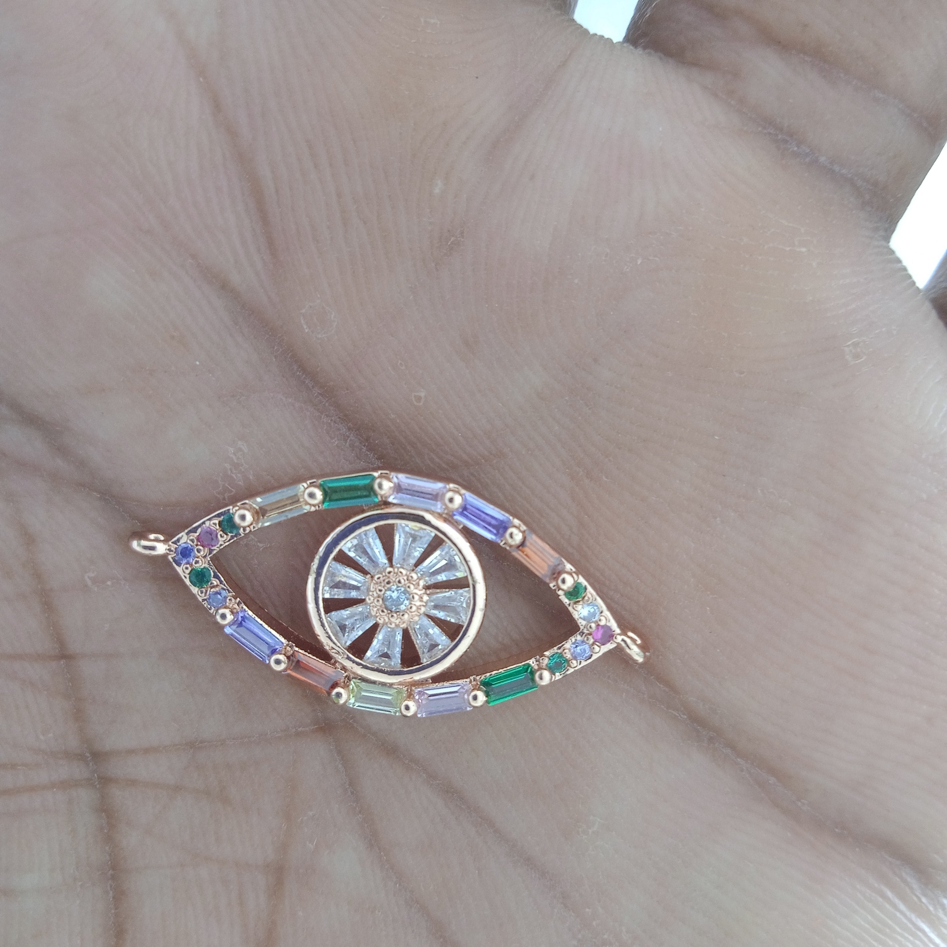 Rainbow Evil Eye Rose Gold Zircon Baguette Copper Charm For Women