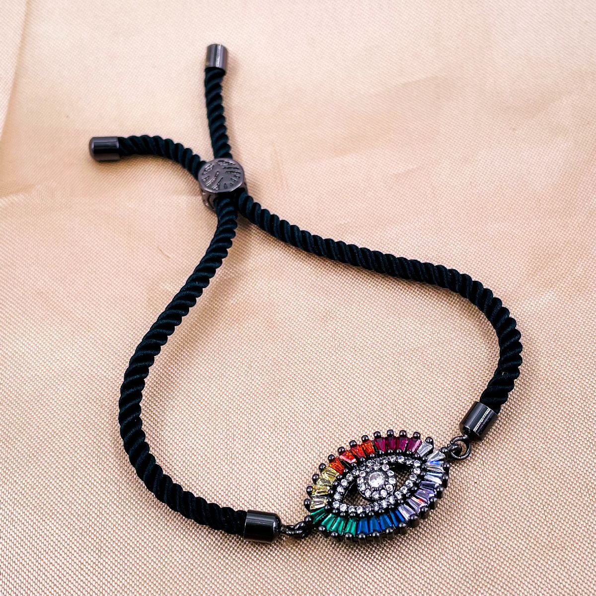 Rainbow Evil Eye Copper Black CZ Thread Slider Bracelet Bulk
