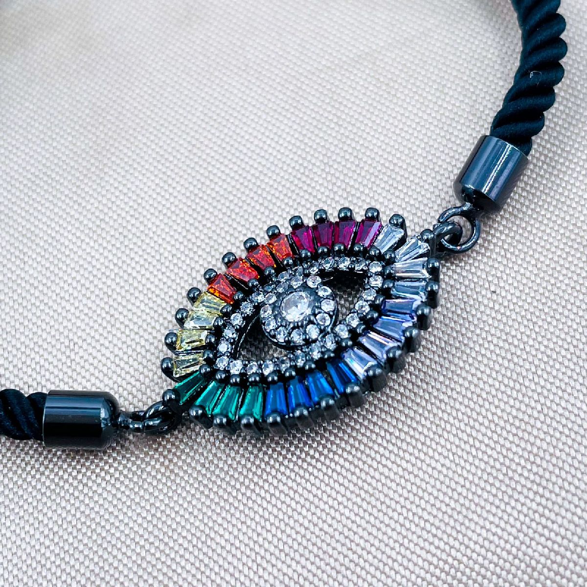 Rainbow Evil Eye Copper Black CZ Thread Slider Bracelet Bulk